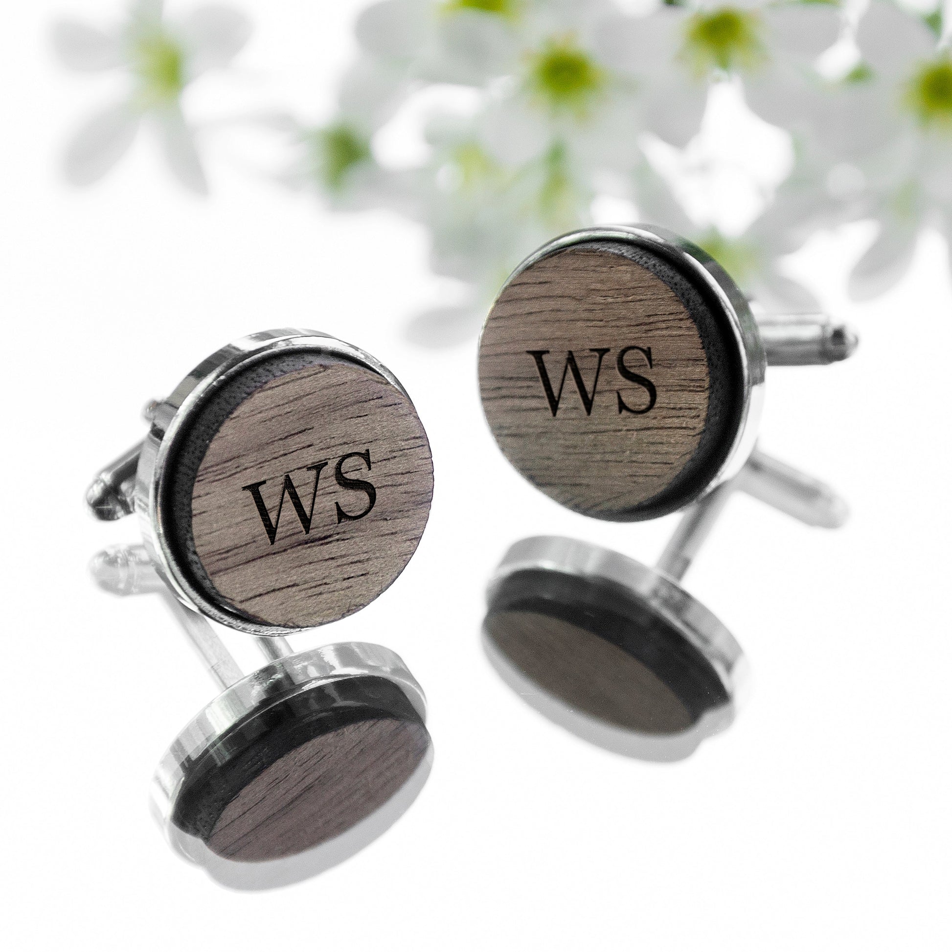 Personalised Round Walnut Wood Cufflinks with Monogram Engraving