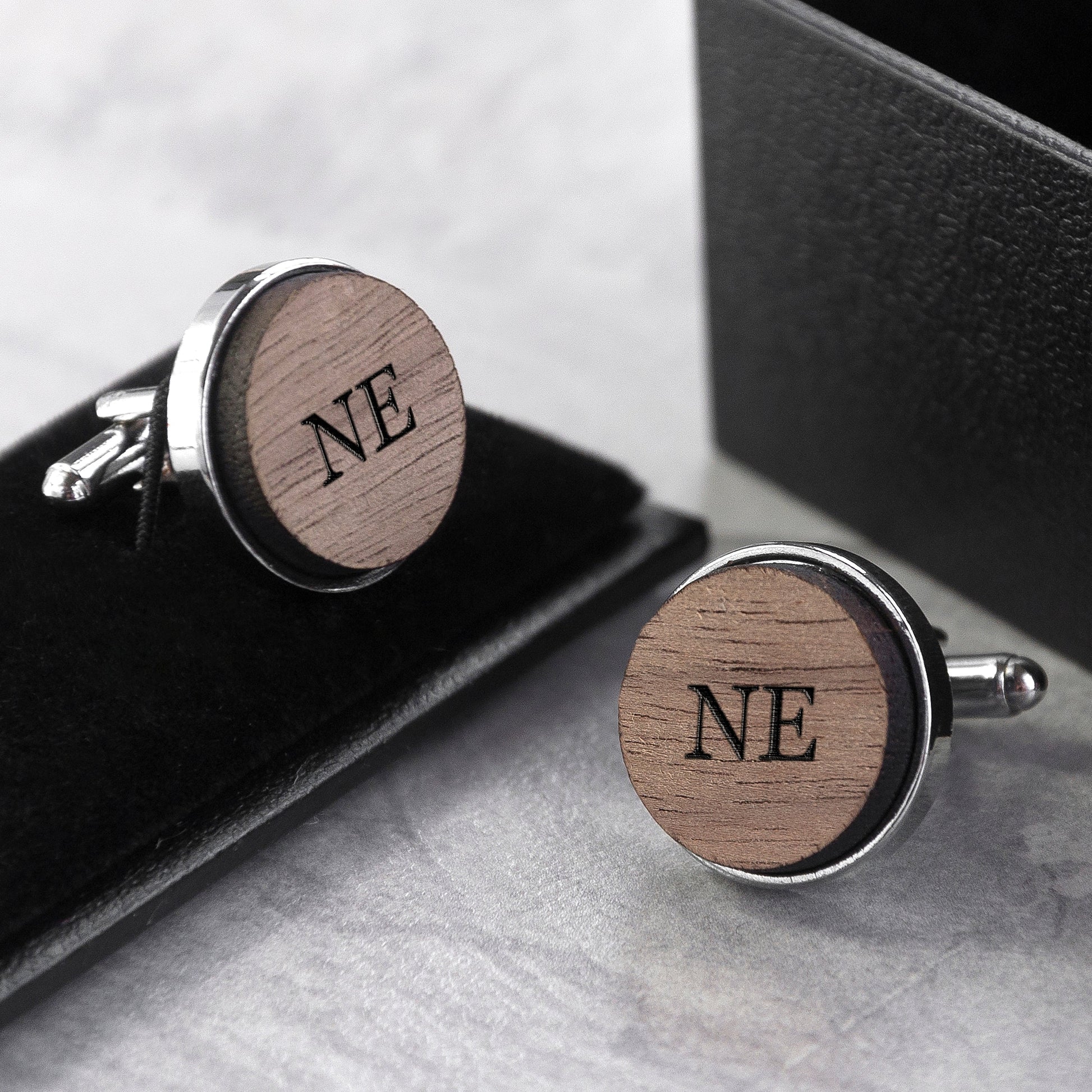 Personalised Round Walnut Wood Cufflinks with Monogram Engraving