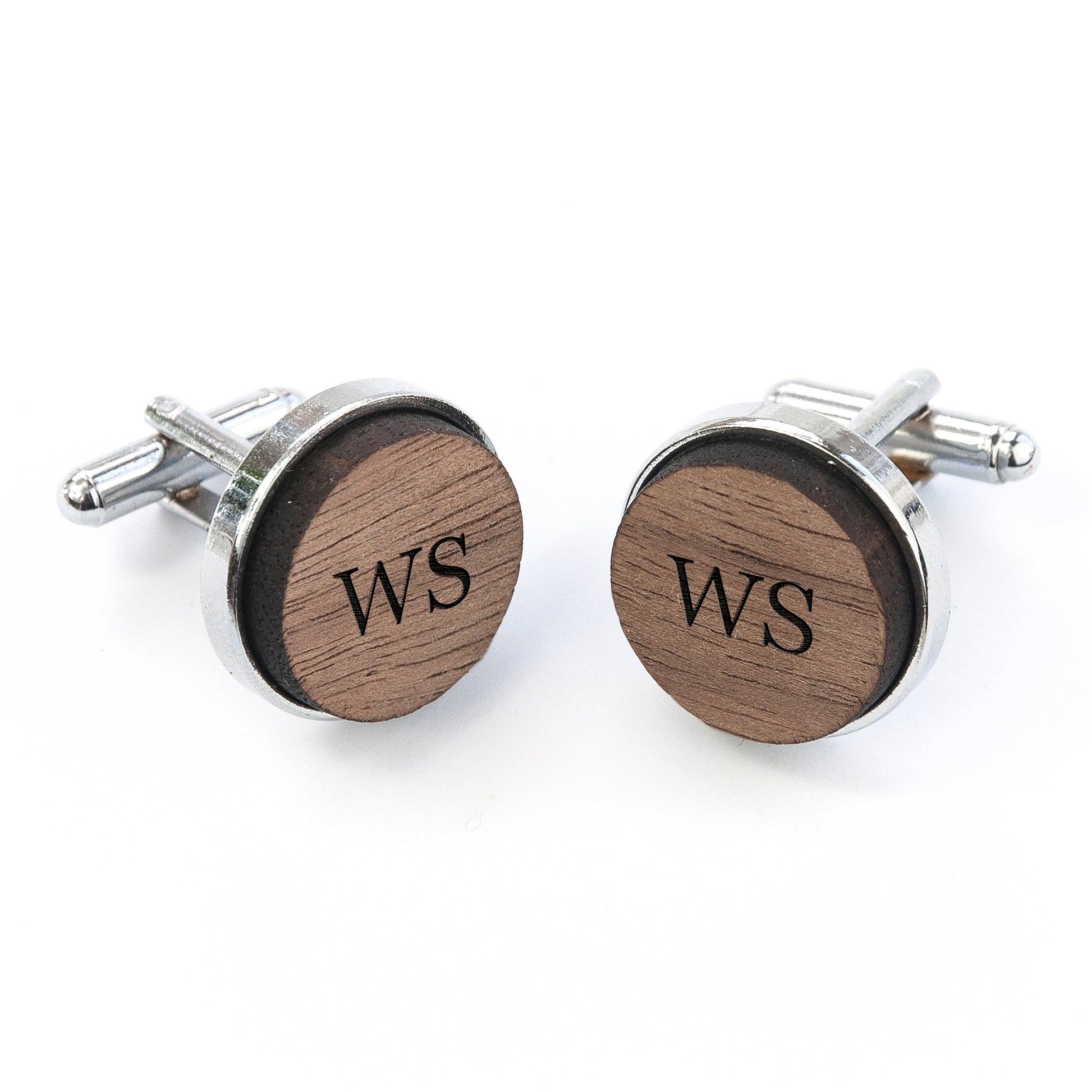Personalised Round Walnut Wood Cufflinks with Monogram Engraving