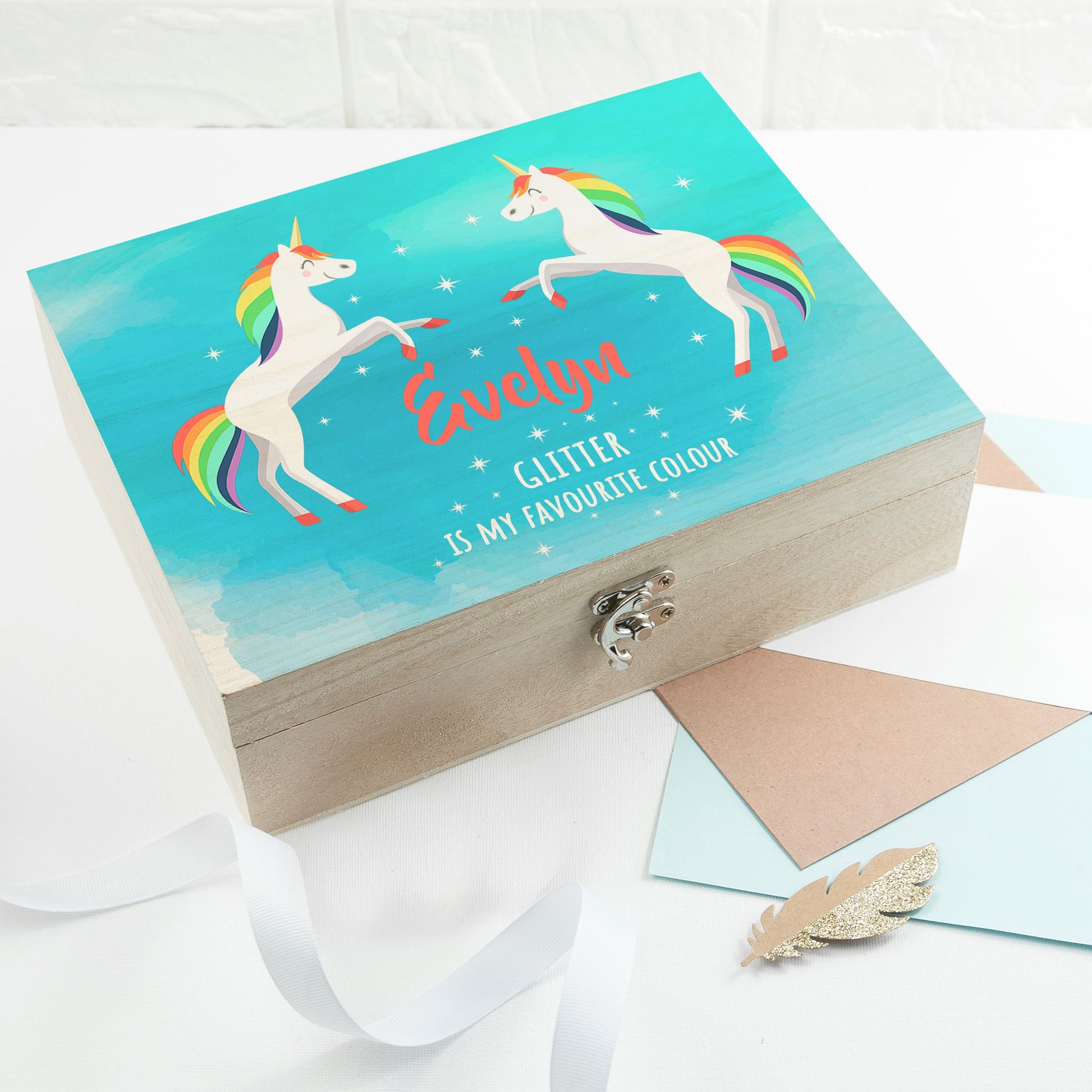 Personalised Rainbow Unicorn Wooden Accessories Box
