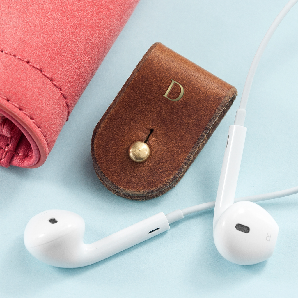 Monogrammed Leather Earphones Holder