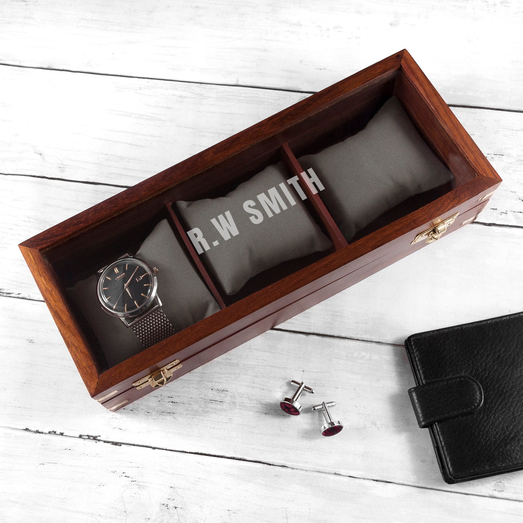Personalised 3 Piece Wooden Watch Box with Gold Details