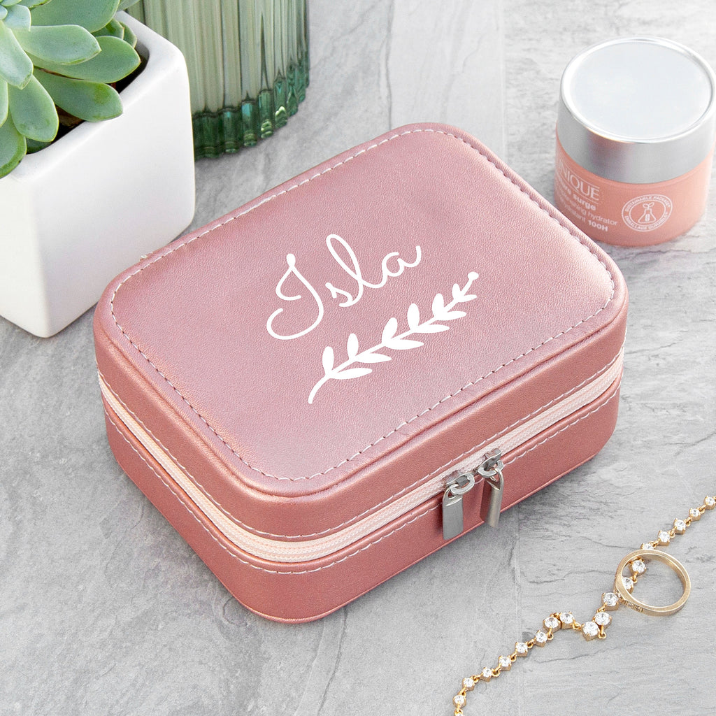 Personalised Pink Travel Jewellery Case with Wreath Design