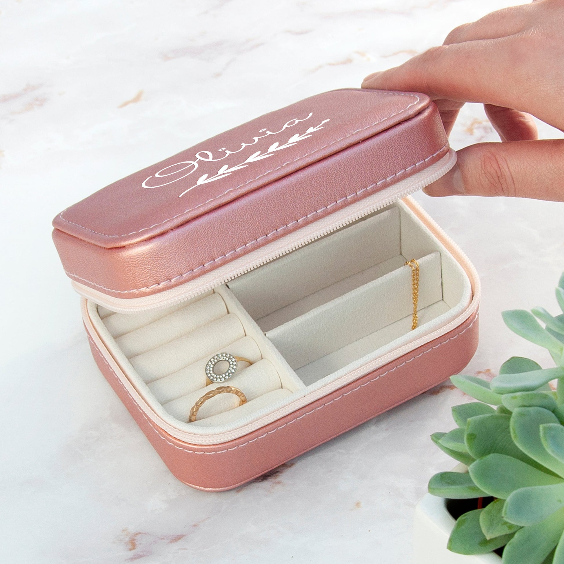 Personalised Pink Travel Jewellery Case with Wreath Design