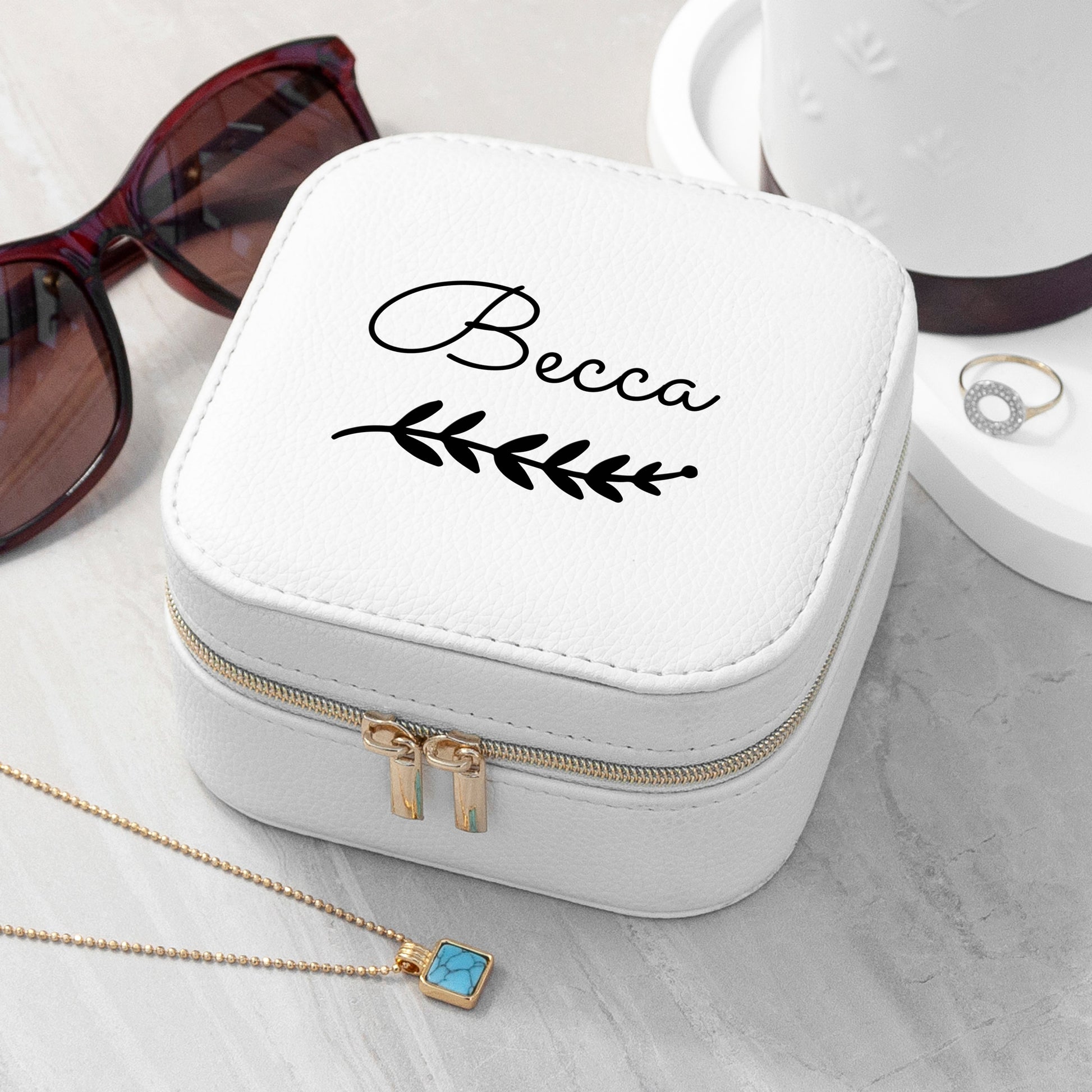 Personalised White Travel Jewellery Case with Wreath Design