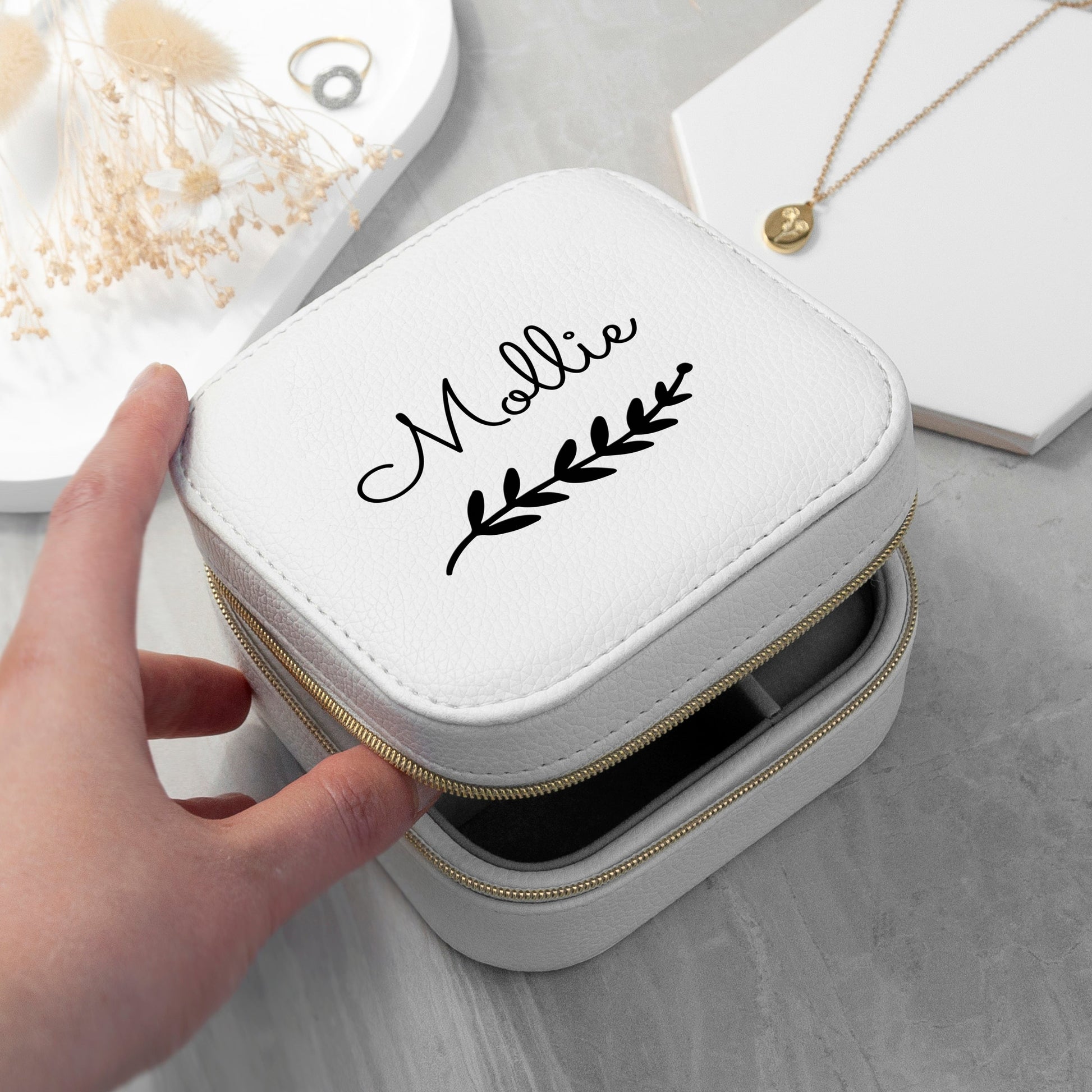 Personalised White Travel Jewellery Case with Wreath Design