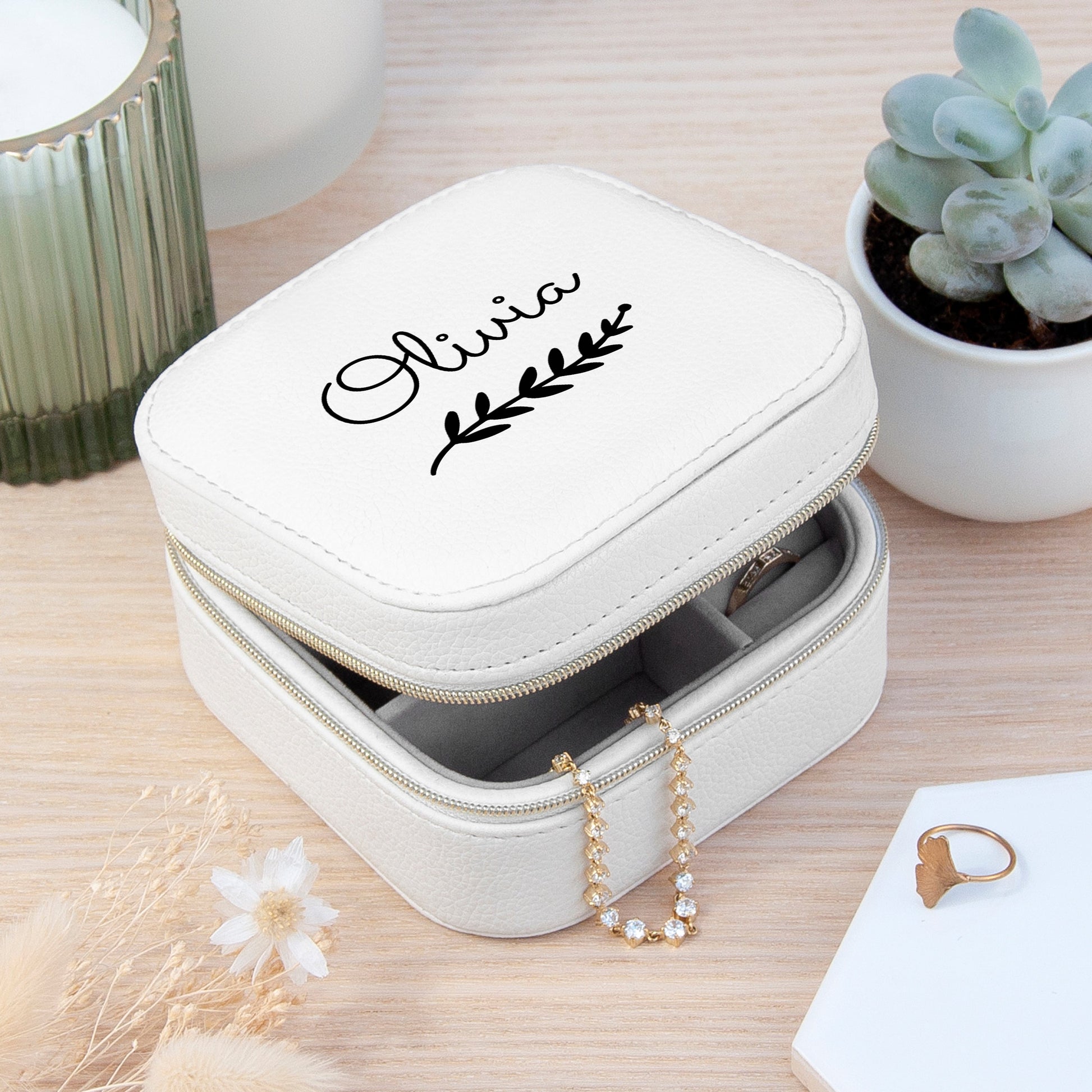 Personalised White Travel Jewellery Case with Wreath Design