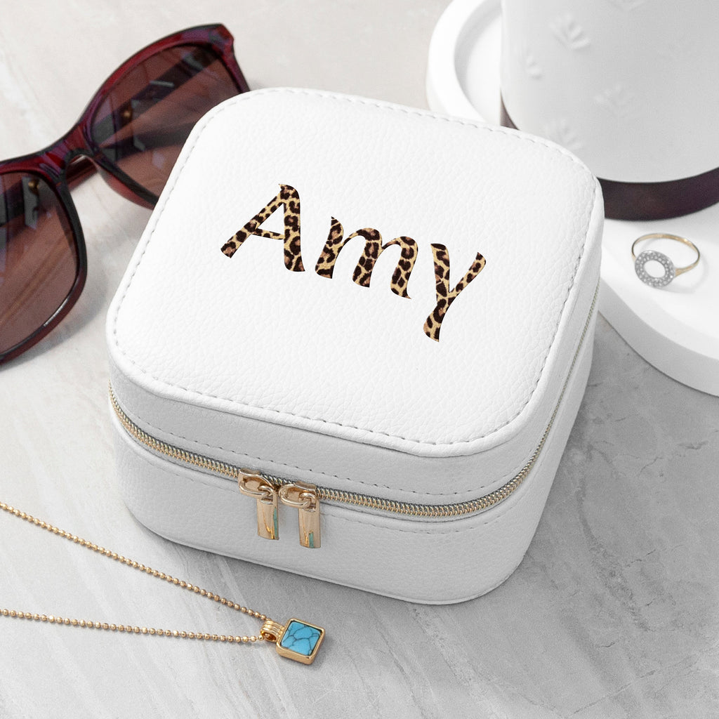 Personalised Animal Print White Travel Jewellery Case