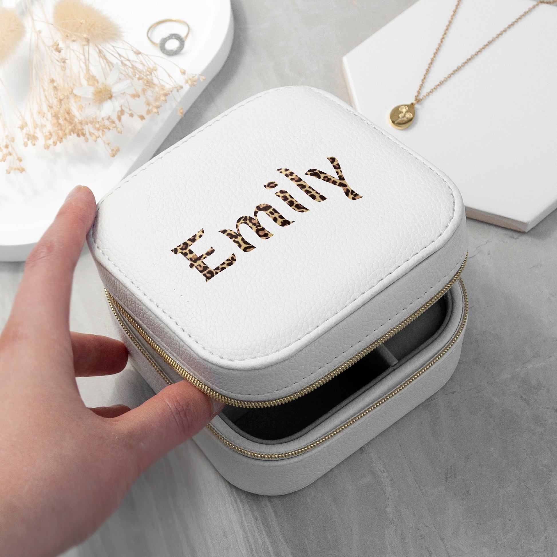 Personalised Animal Print White Travel Jewellery Case