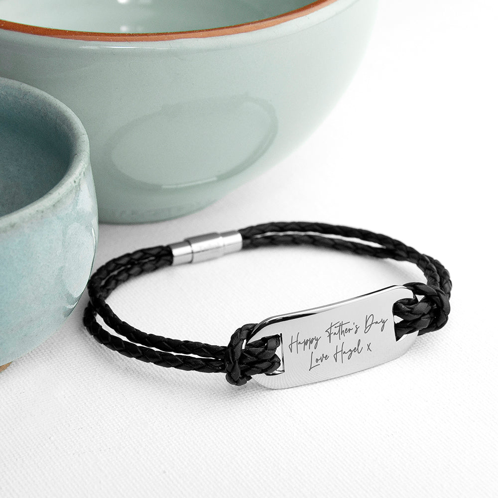 Personalised Handwriting Mens Black Leather Bracelet