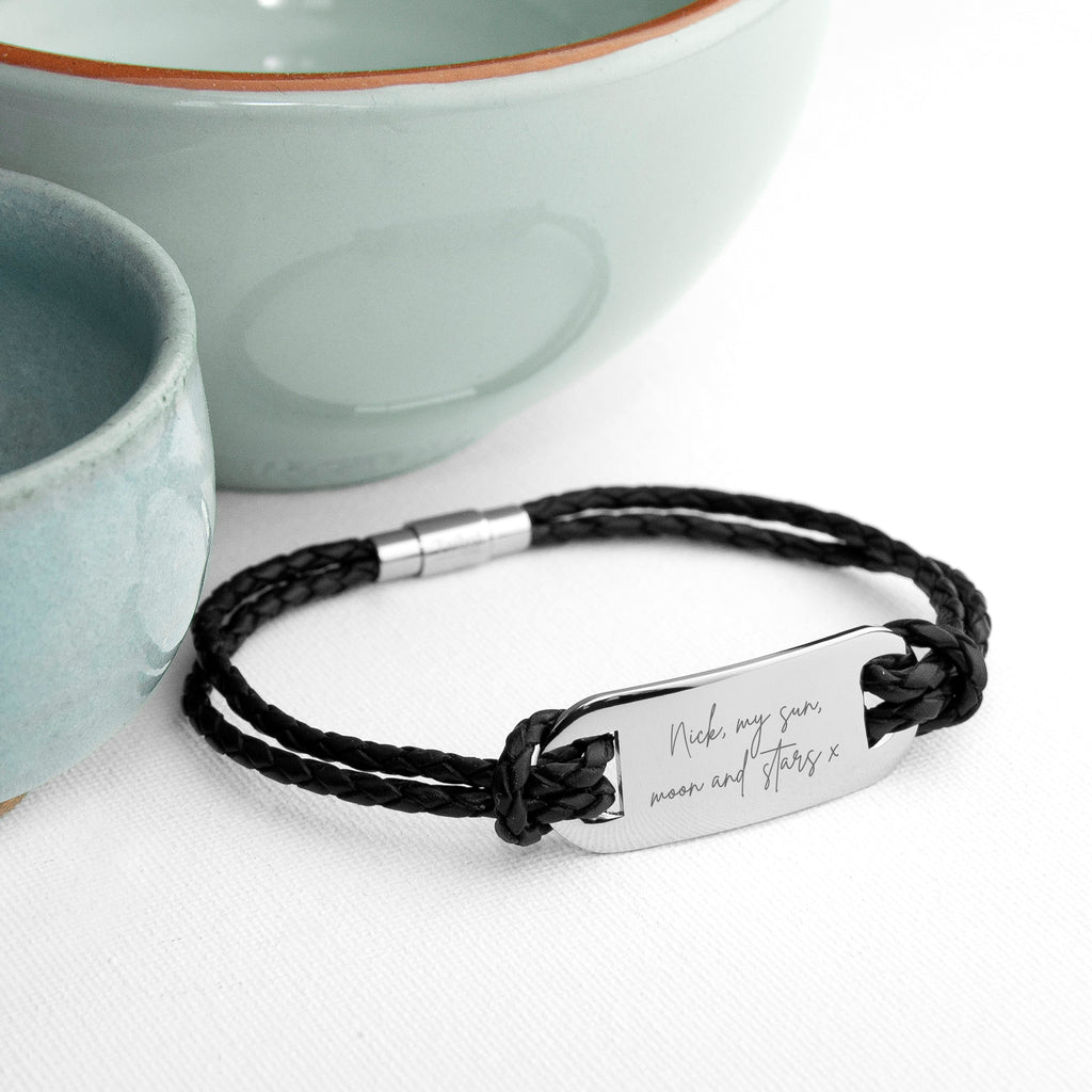 Personalised Handwriting Mens Black Leather Bracelet