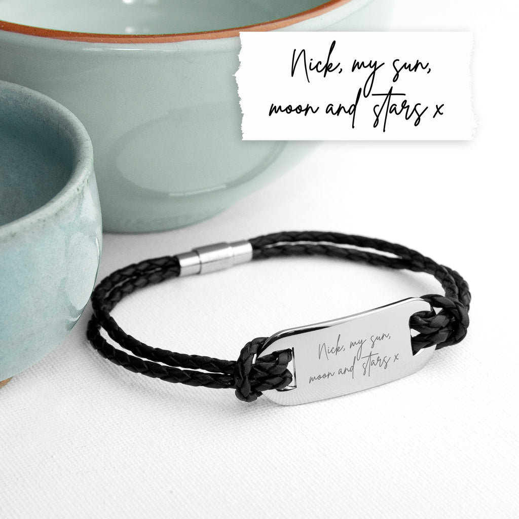 Personalised Handwriting Mens Black Leather Bracelet