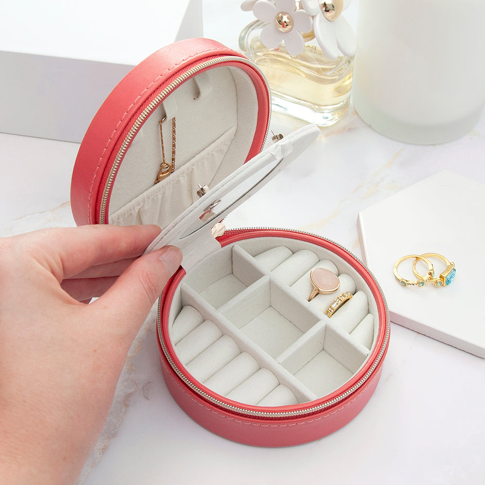 Personalised Coral Round Travel Jewellery Case