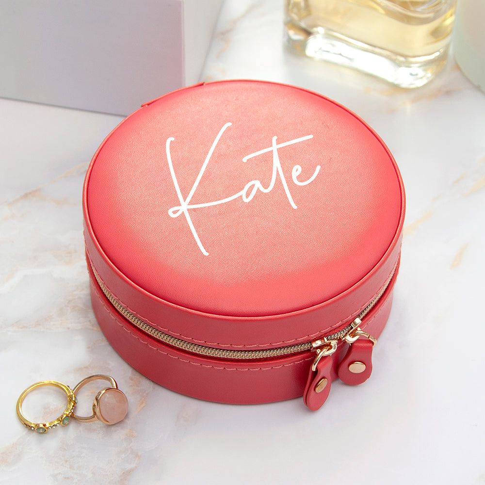 Personalised Coral Round Travel Jewellery Case