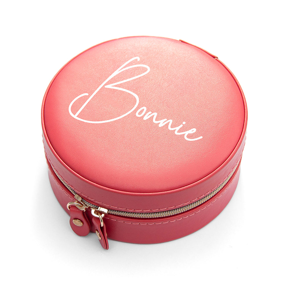 Personalised Coral Round Travel Jewellery Case