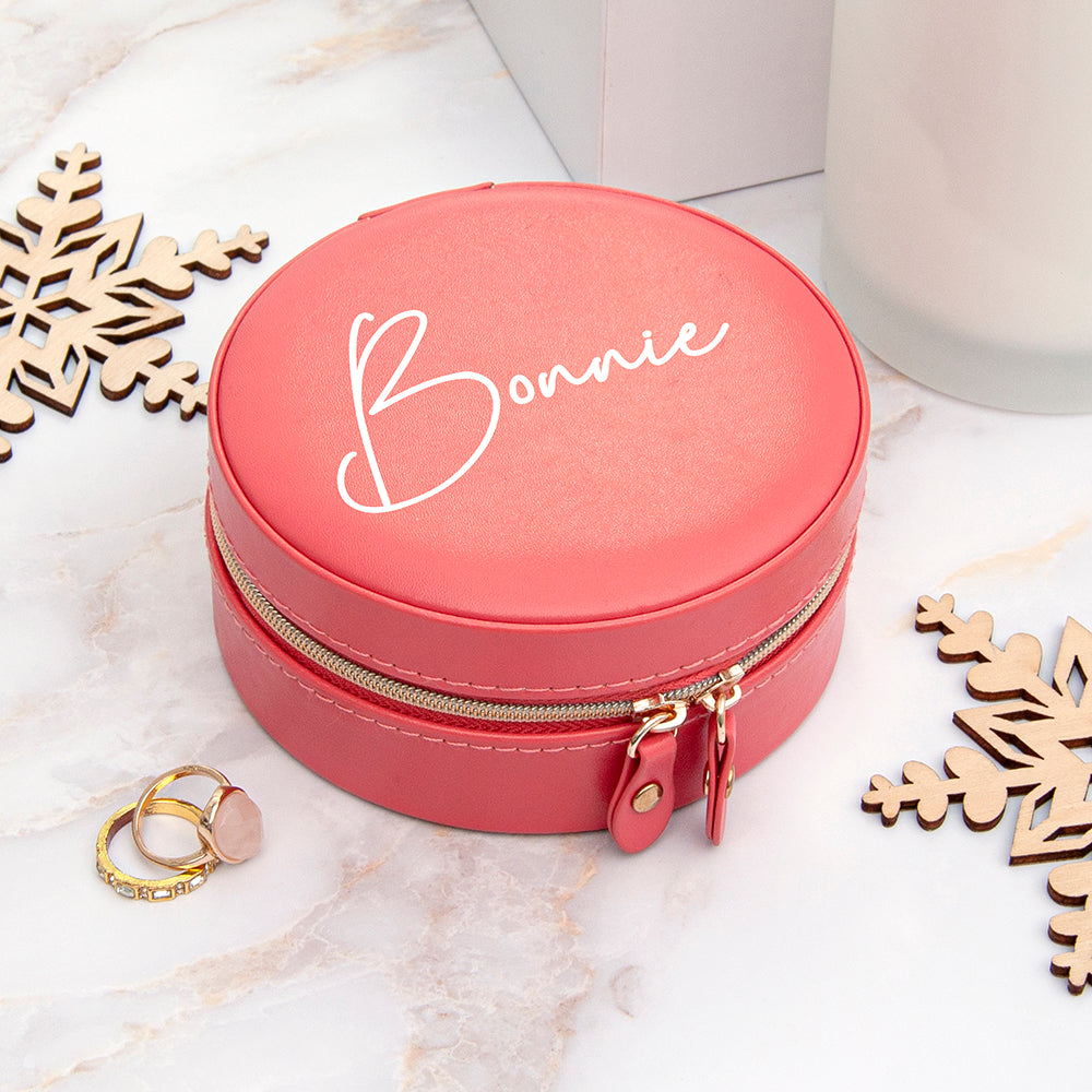 Personalised Coral Round Travel Jewellery Case