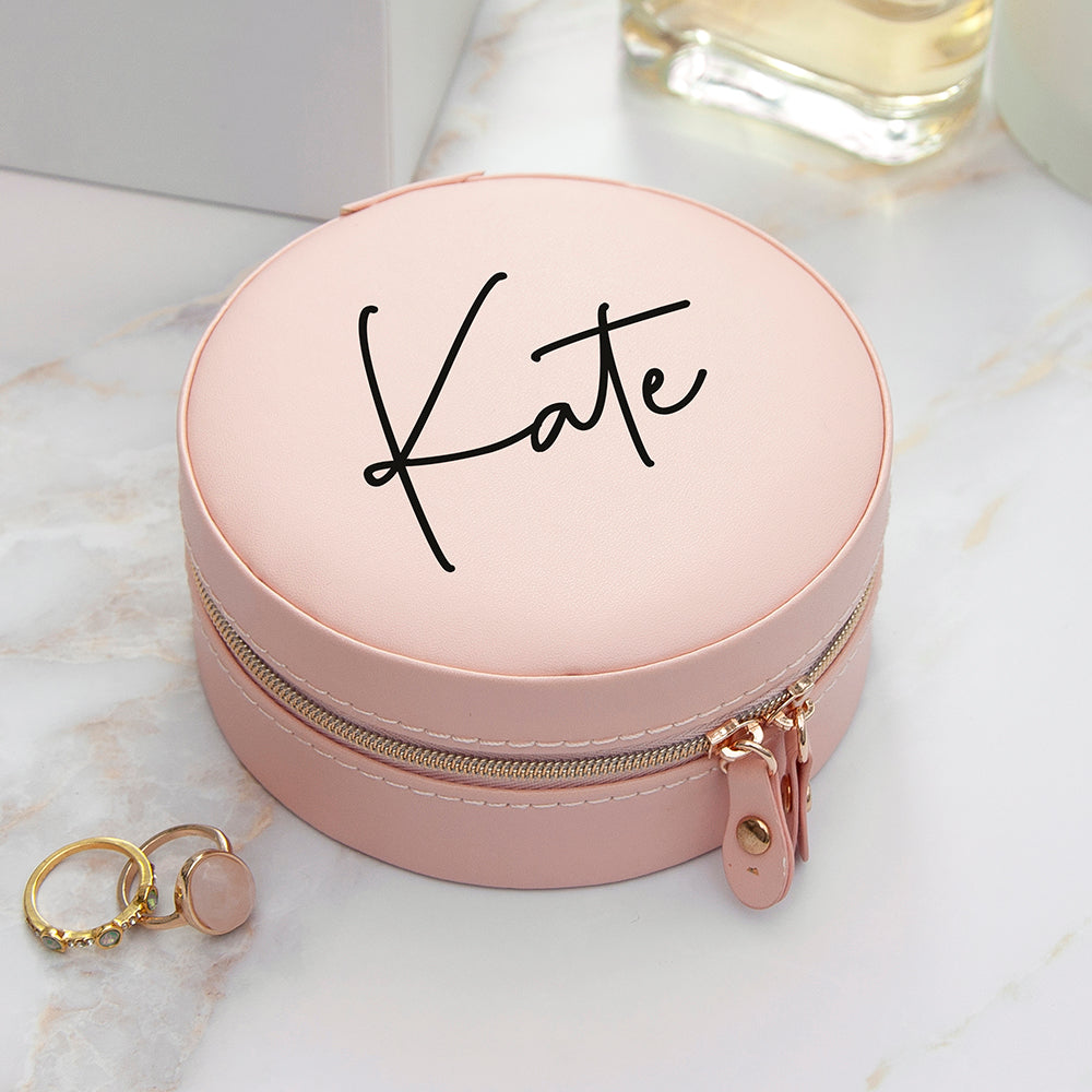 Personalised Blush Pink Round Travel Jewellery Case