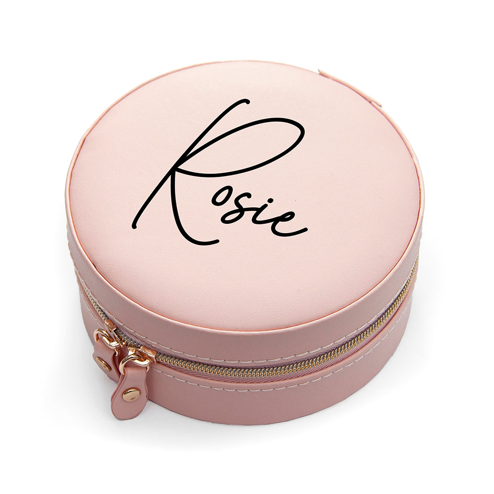 Personalised Blush Pink Round Travel Jewellery Case
