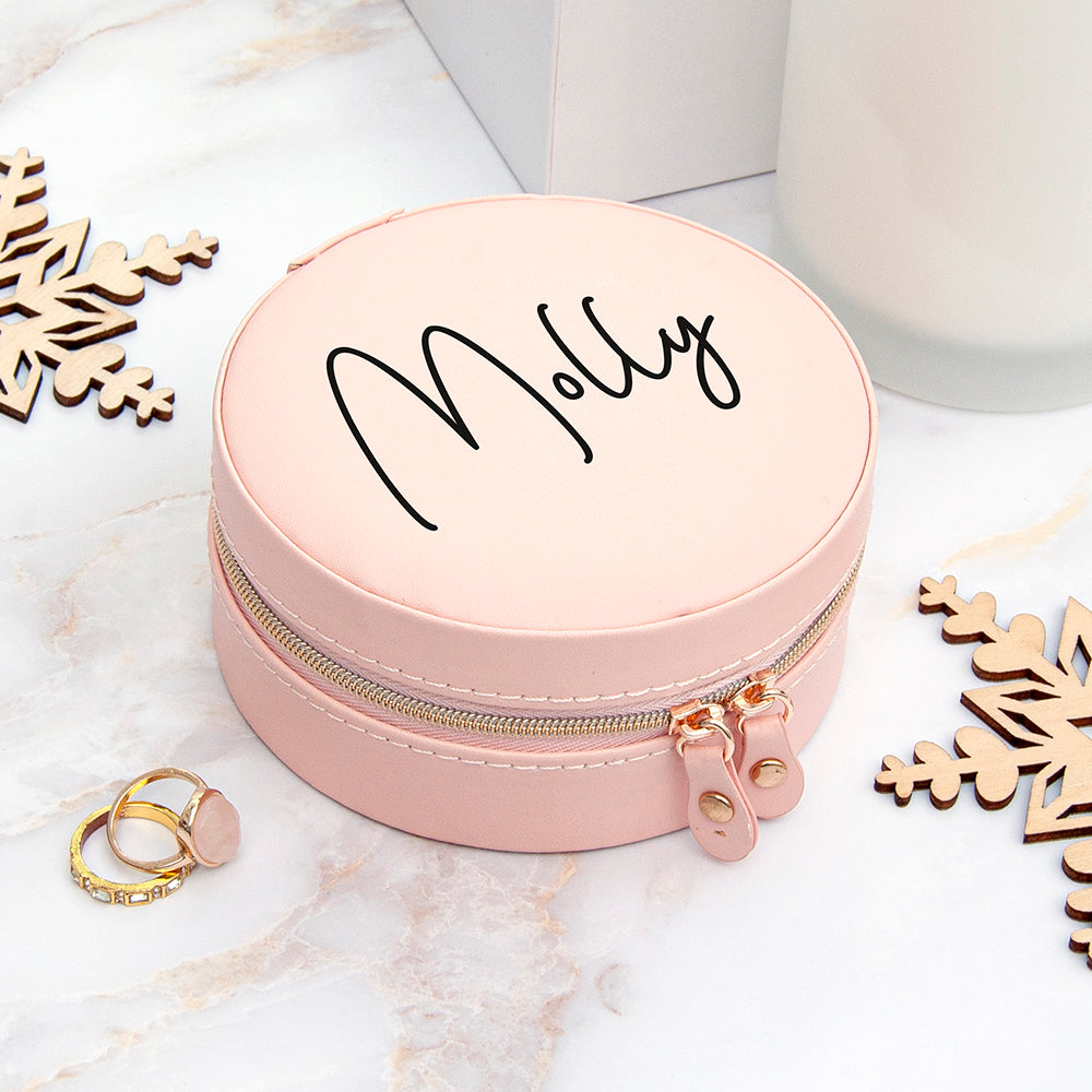 Personalised Blush Pink Round Travel Jewellery Case