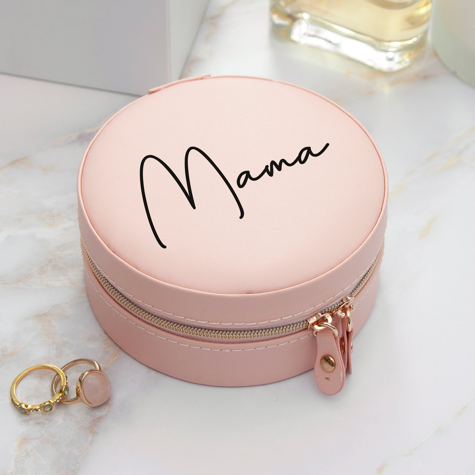 Personalised Blush Pink Round Travel Jewellery Case