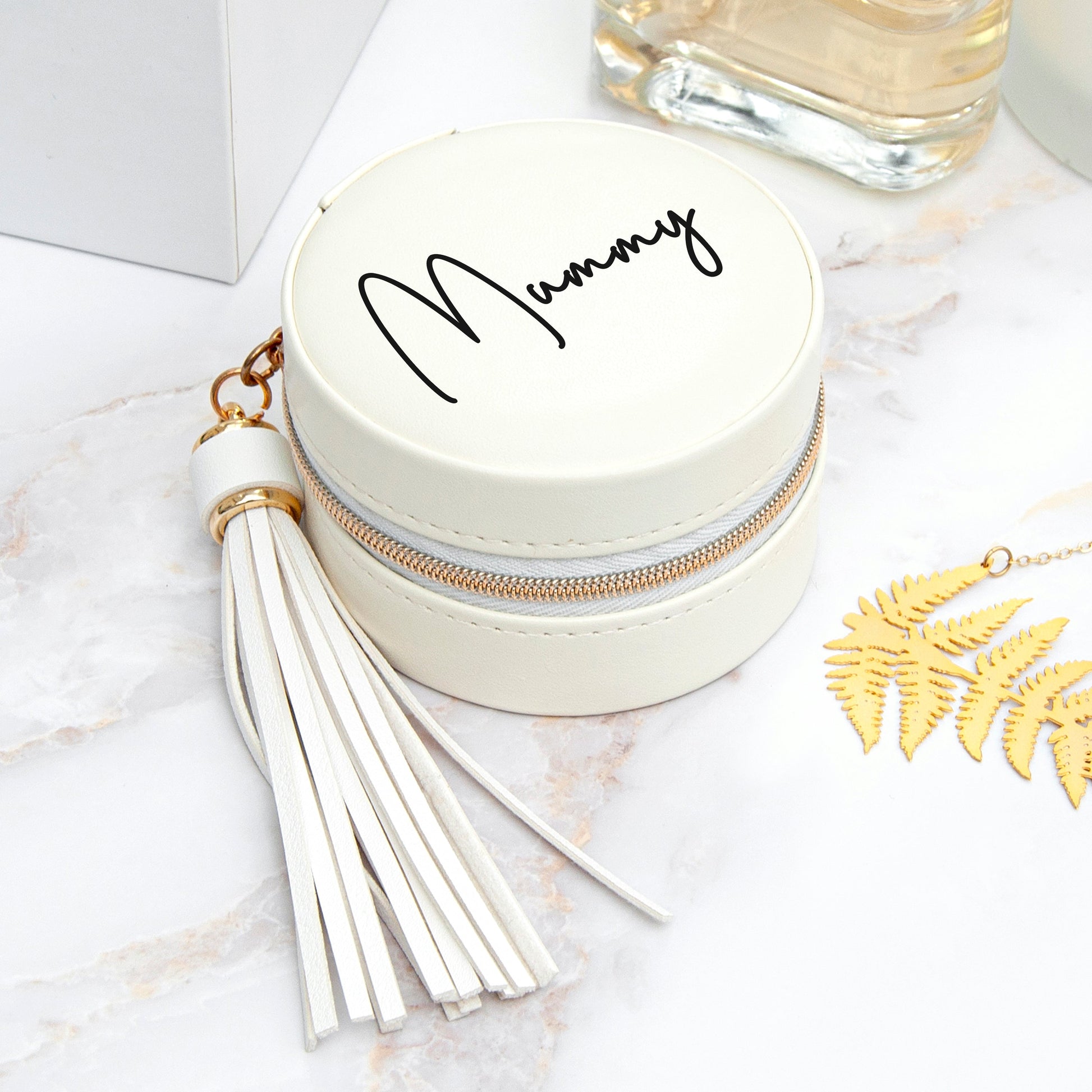 Personalised White Travel Jewellery Case with Tassel