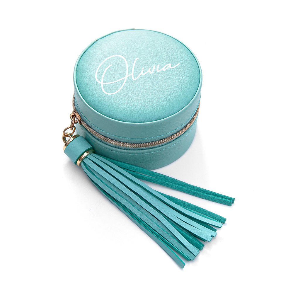 Personalised Turquoise Travel Jewellery Case with Tassel