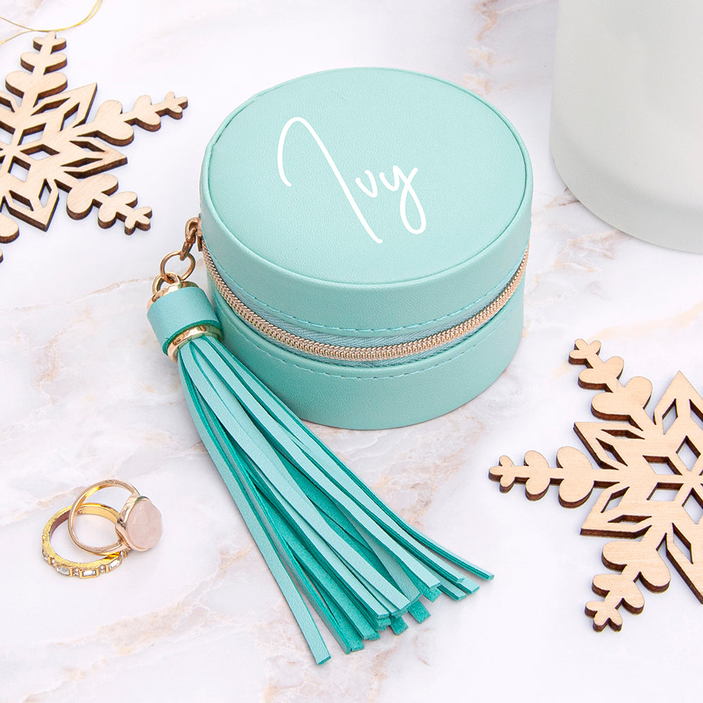 Personalised Turquoise Travel Jewellery Case with Tassel
