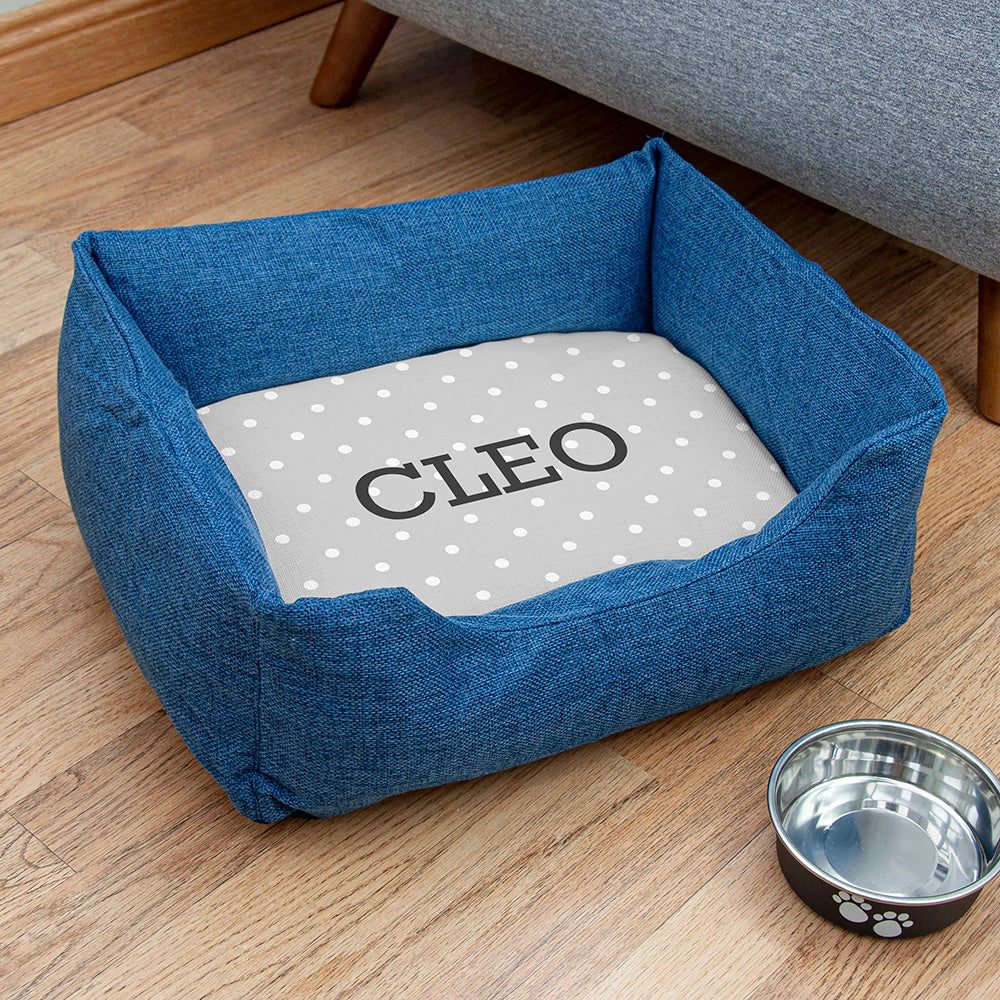 Personalised Blue Dog Bed with Grey Spots