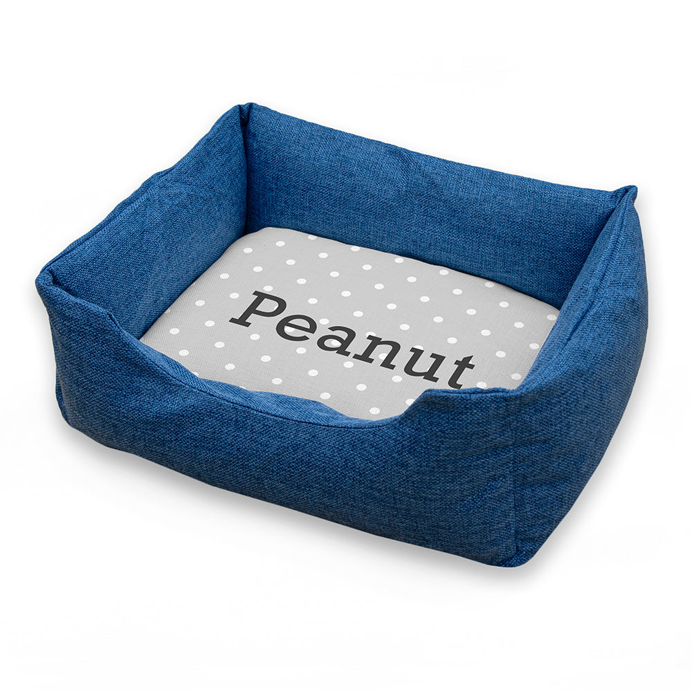 Personalised Blue Dog Bed with Grey Spots