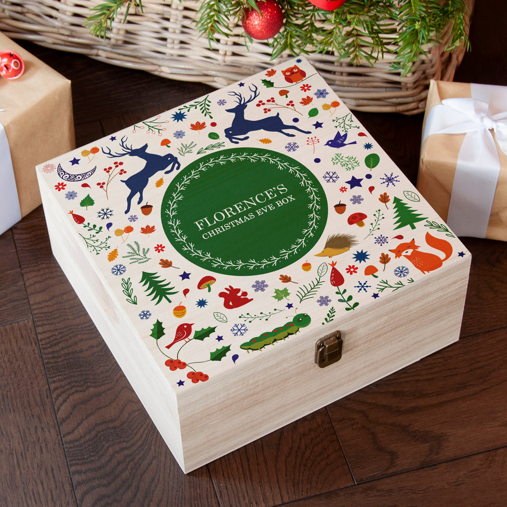 Personalised Festive Woodland Green Christmas Eve Box