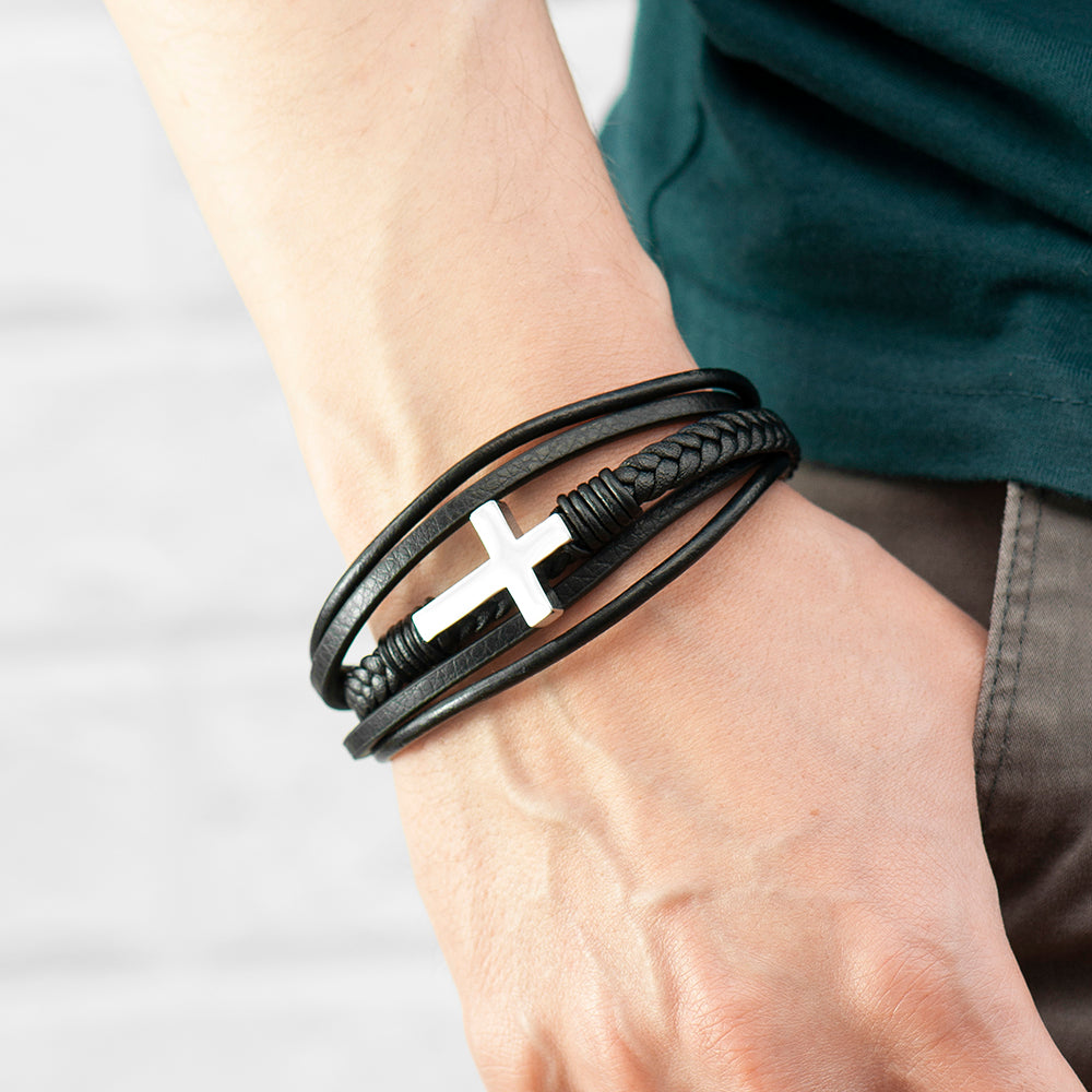 Personalised Men's Cross Black Leather Stacked Bracelet