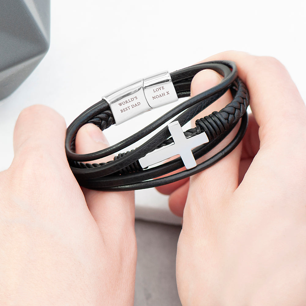 Personalised Men's Cross Black Leather Stacked Bracelet