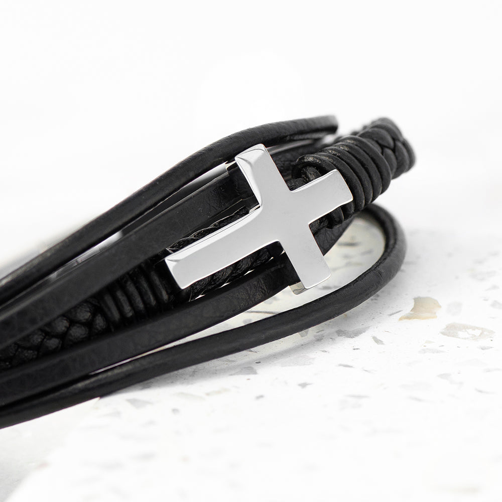 Personalised Men's Cross Black Leather Stacked Bracelet