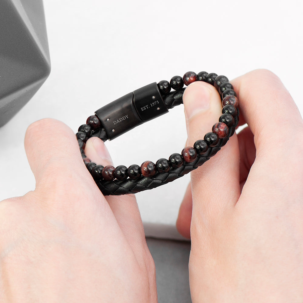 Personalised Men's Tiger's Eye Bead and Leather Bracelet