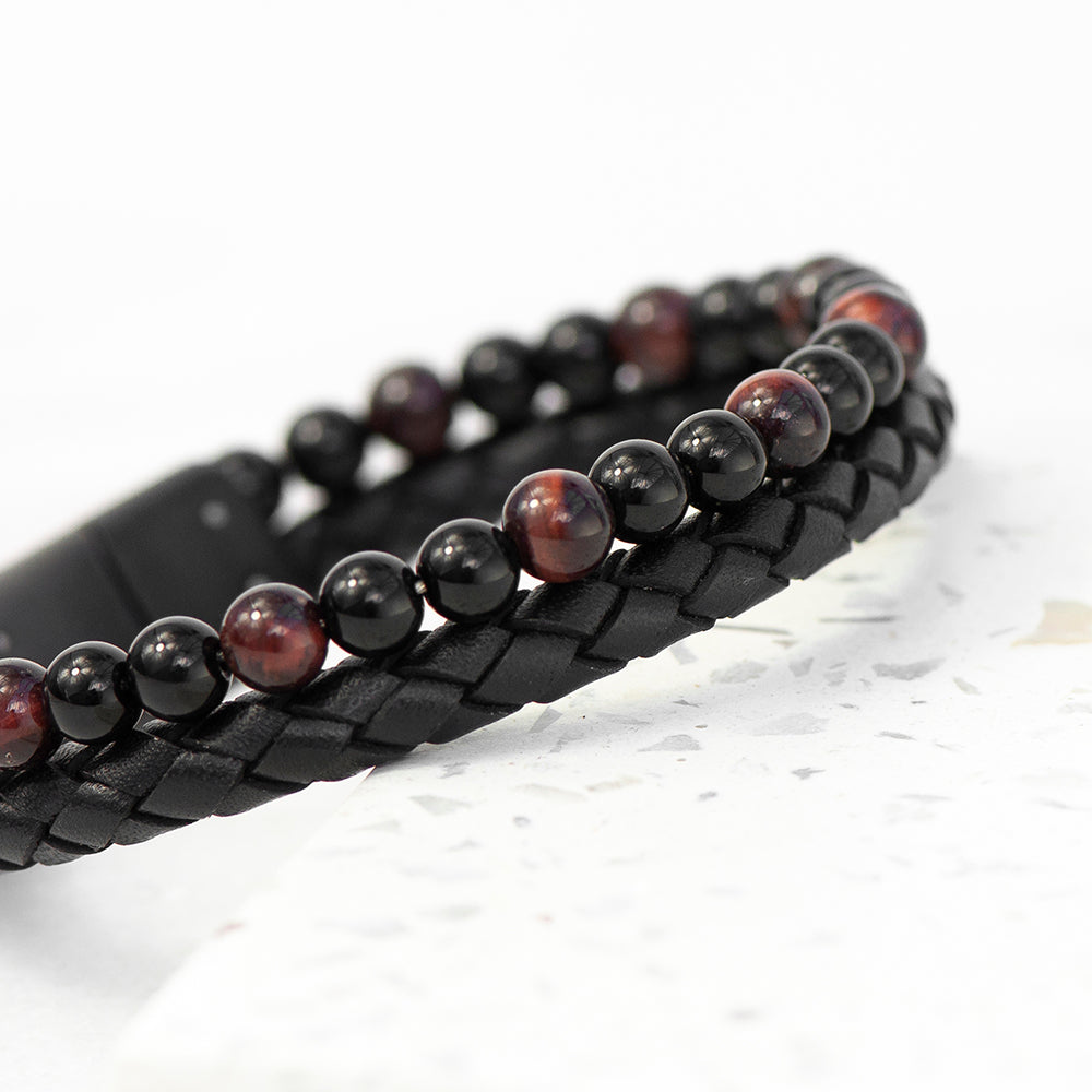 Personalised Men's Tiger's Eye Bead and Leather Bracelet