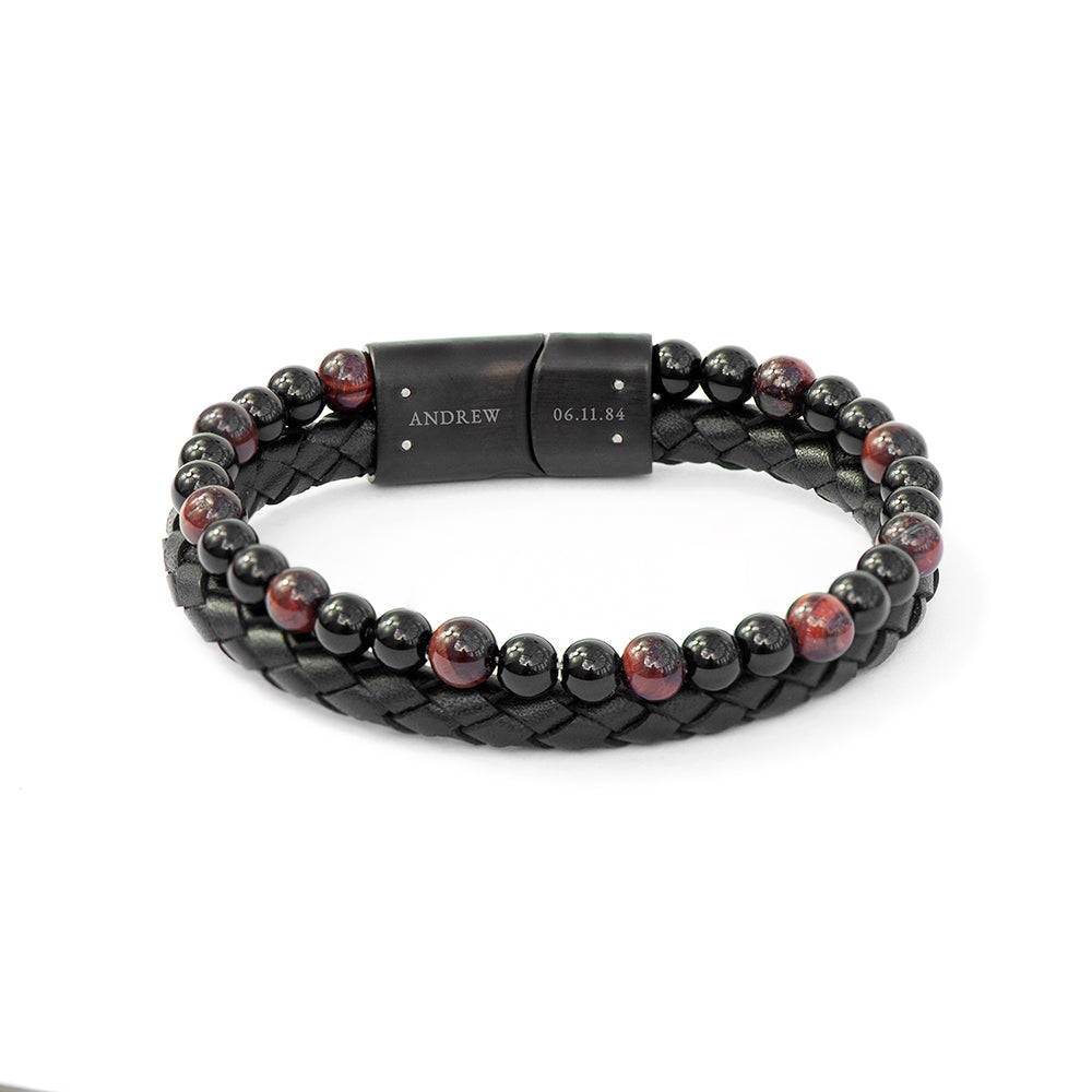 Personalised Men's Tiger's Eye Bead and Leather Bracelet
