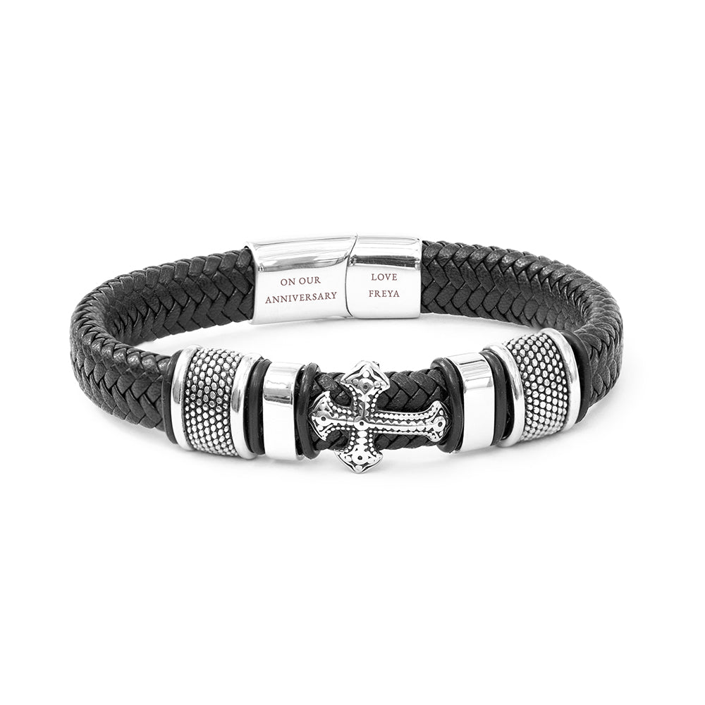 Personalised Men's Gothic Cross Leather Bracelet