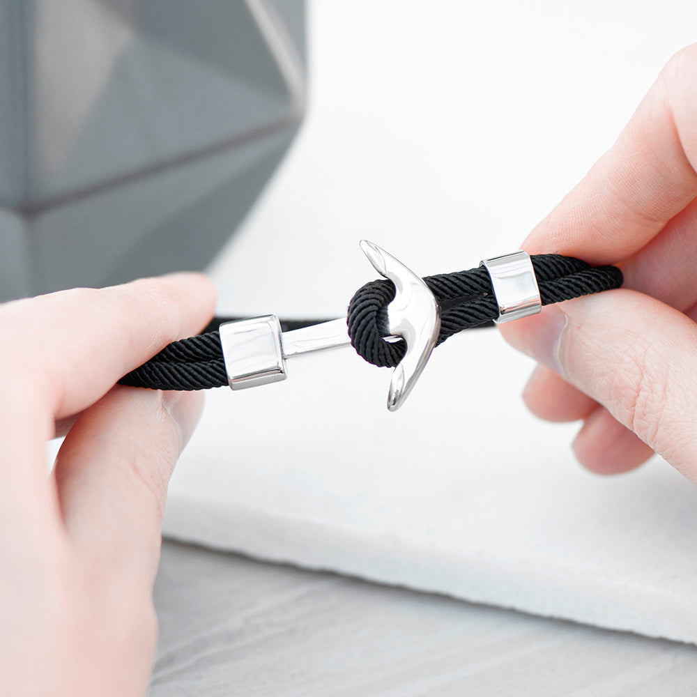 Personalised Men's Black Rope Nautical Anchor Bracelet