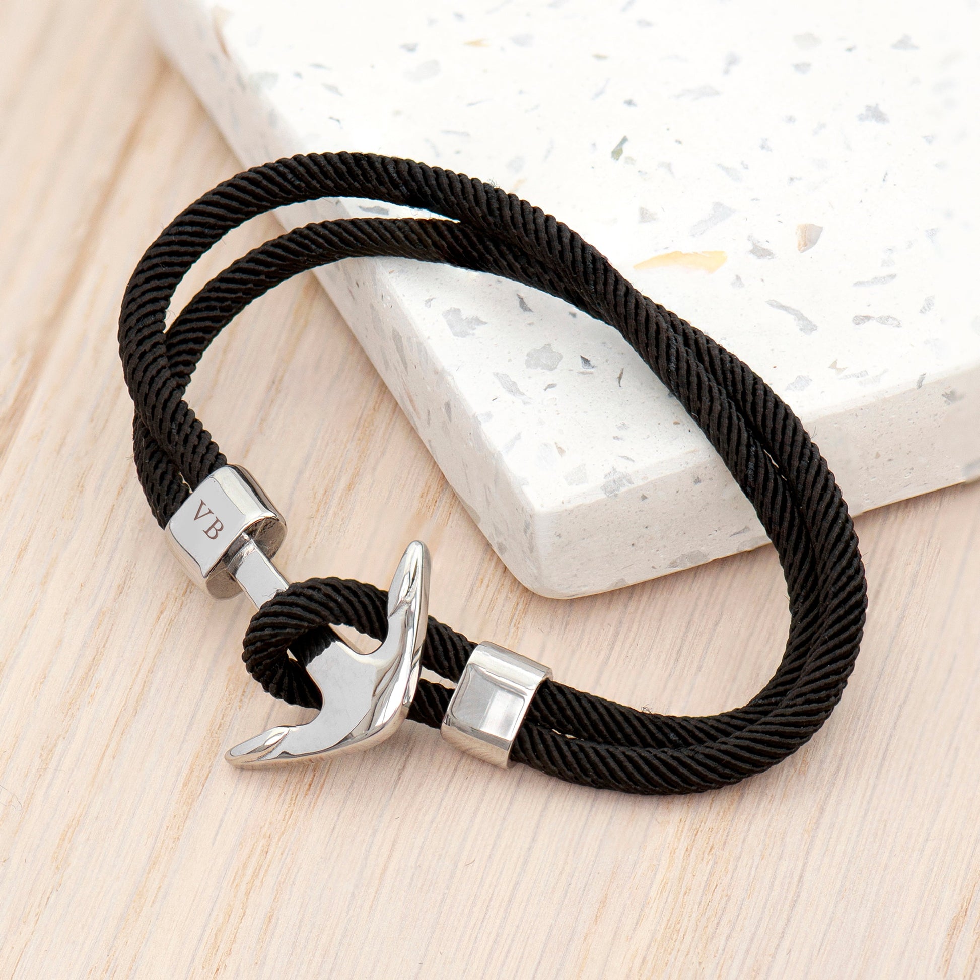 Personalised Men's Black Rope Nautical Anchor Bracelet