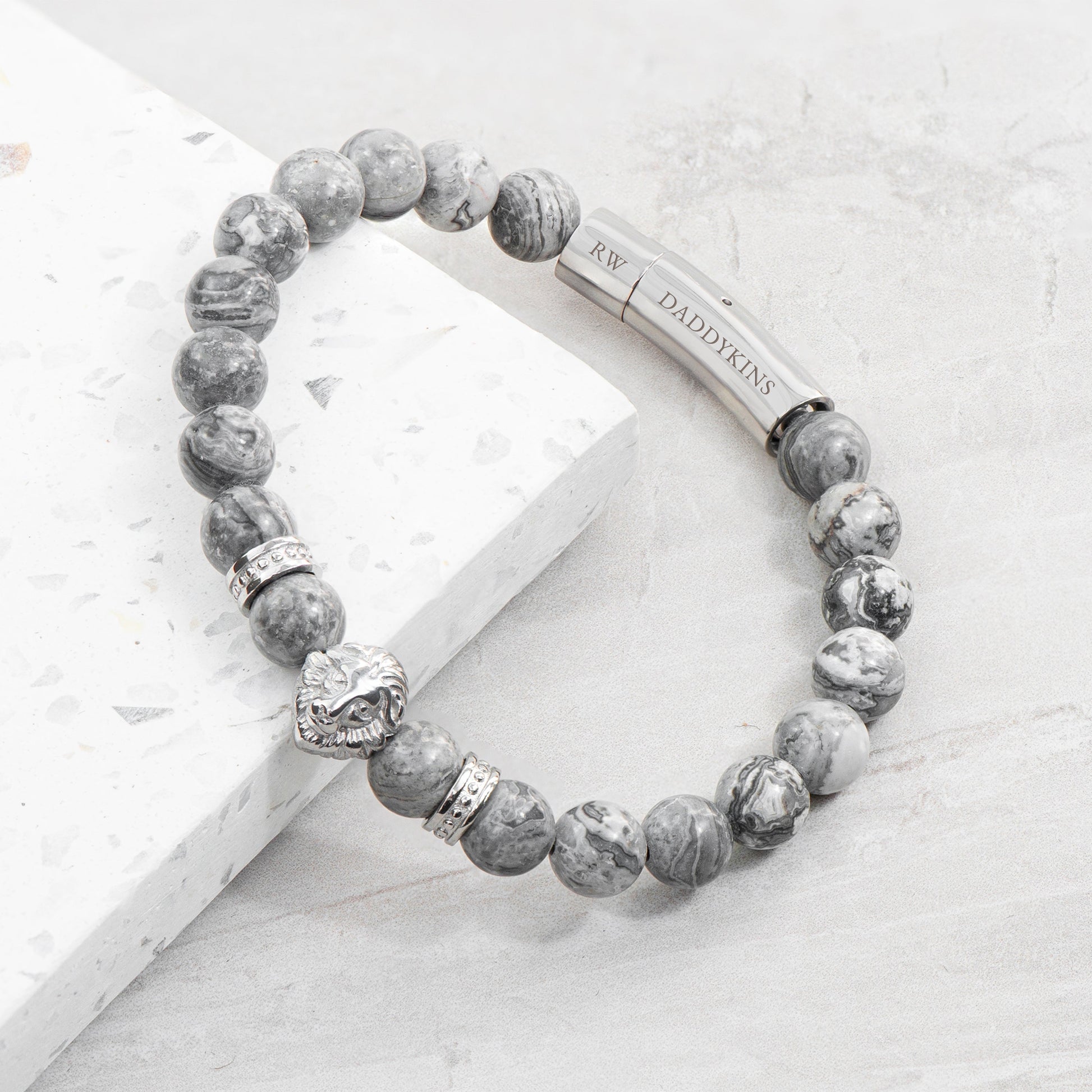 Personalised Men's Silver Lion Jasper Stone Bracelet