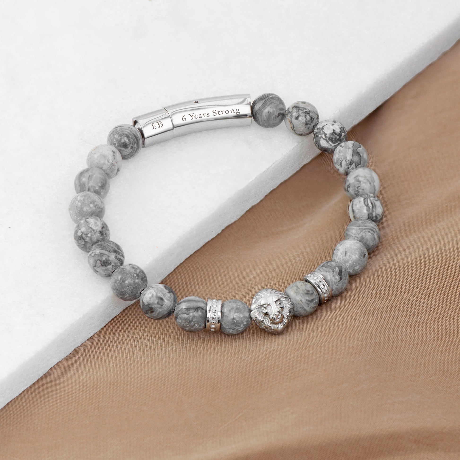 Personalised Men's Silver Lion Jasper Stone Bracelet