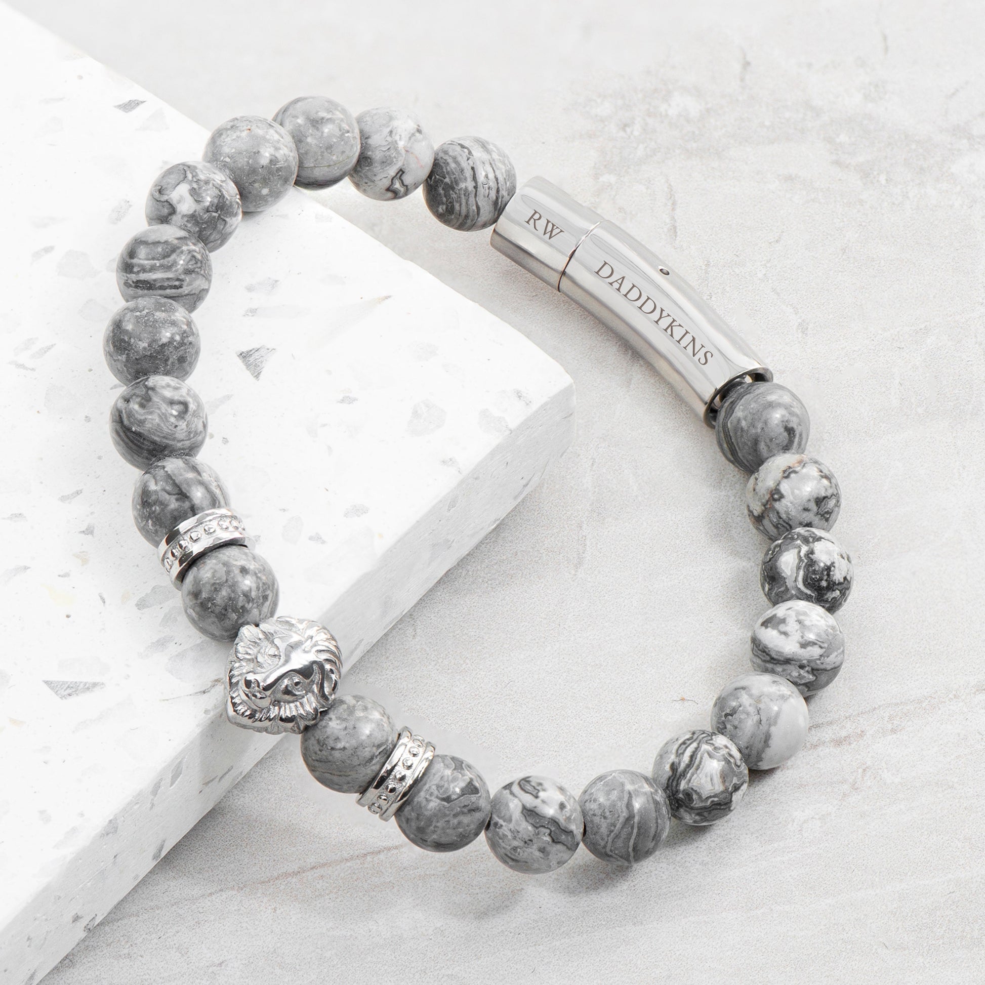 Personalised Men's Silver Lion Jasper Stone Bracelet