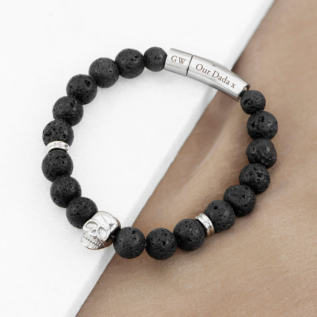 Personalised Men's Silver Skull Beaded Bracelet