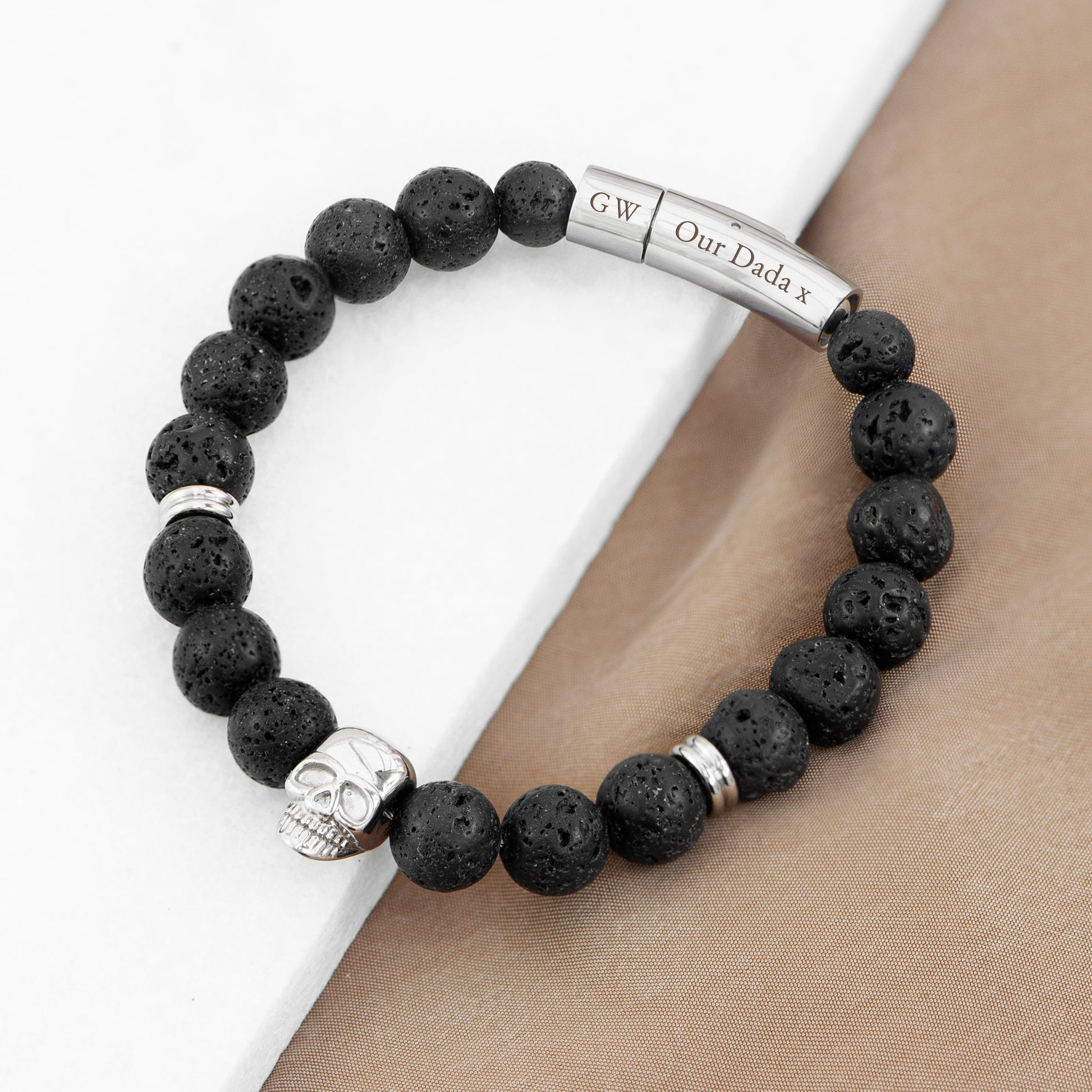 Personalised Men's Silver Skull Beaded Bracelet