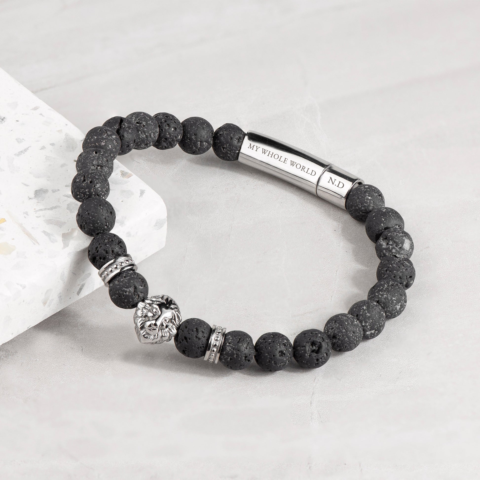 Personalised Men's Silver Lion Lava Stone Beaded Bracelet
