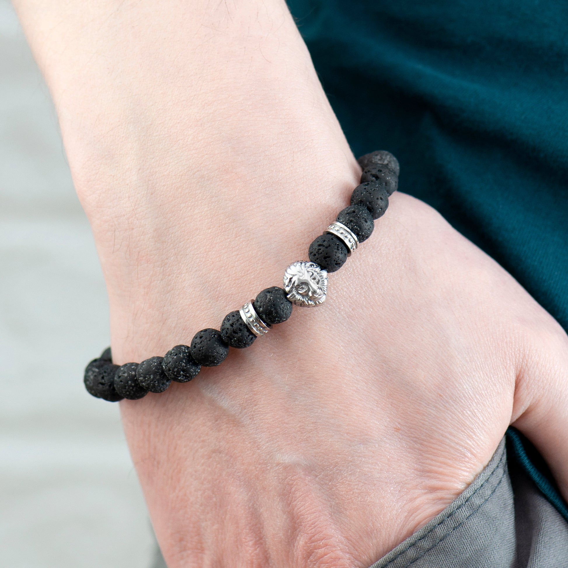 Personalised Men's Silver Lion Lava Stone Beaded Bracelet