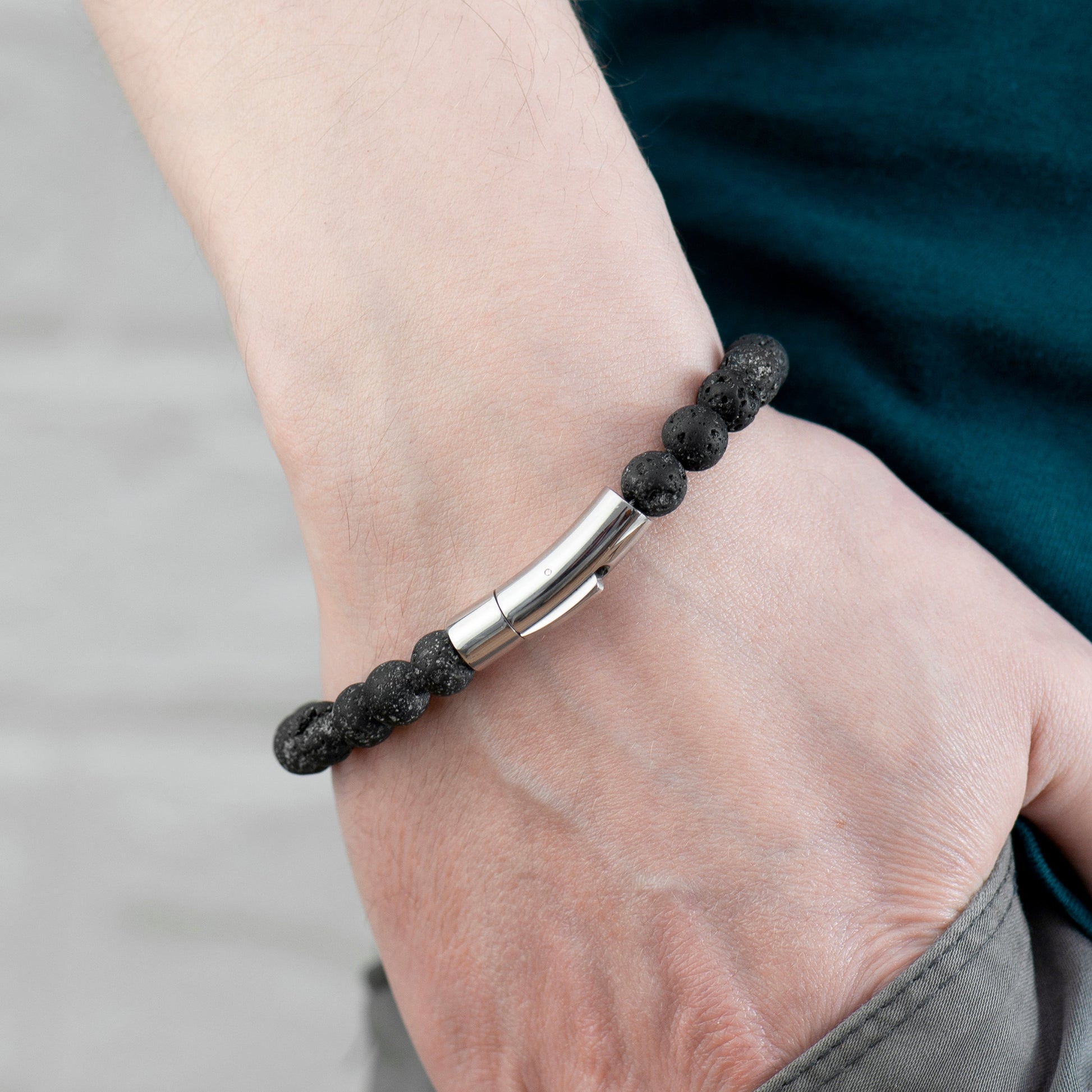 Personalised Men's Silver Lion Lava Stone Beaded Bracelet