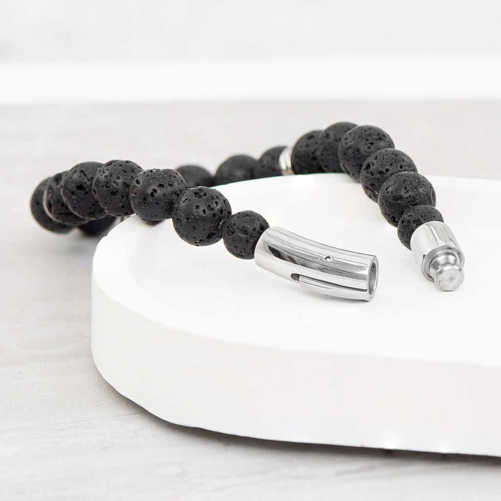 Personalised Men's Silver Lion Lava Stone Beaded Bracelet