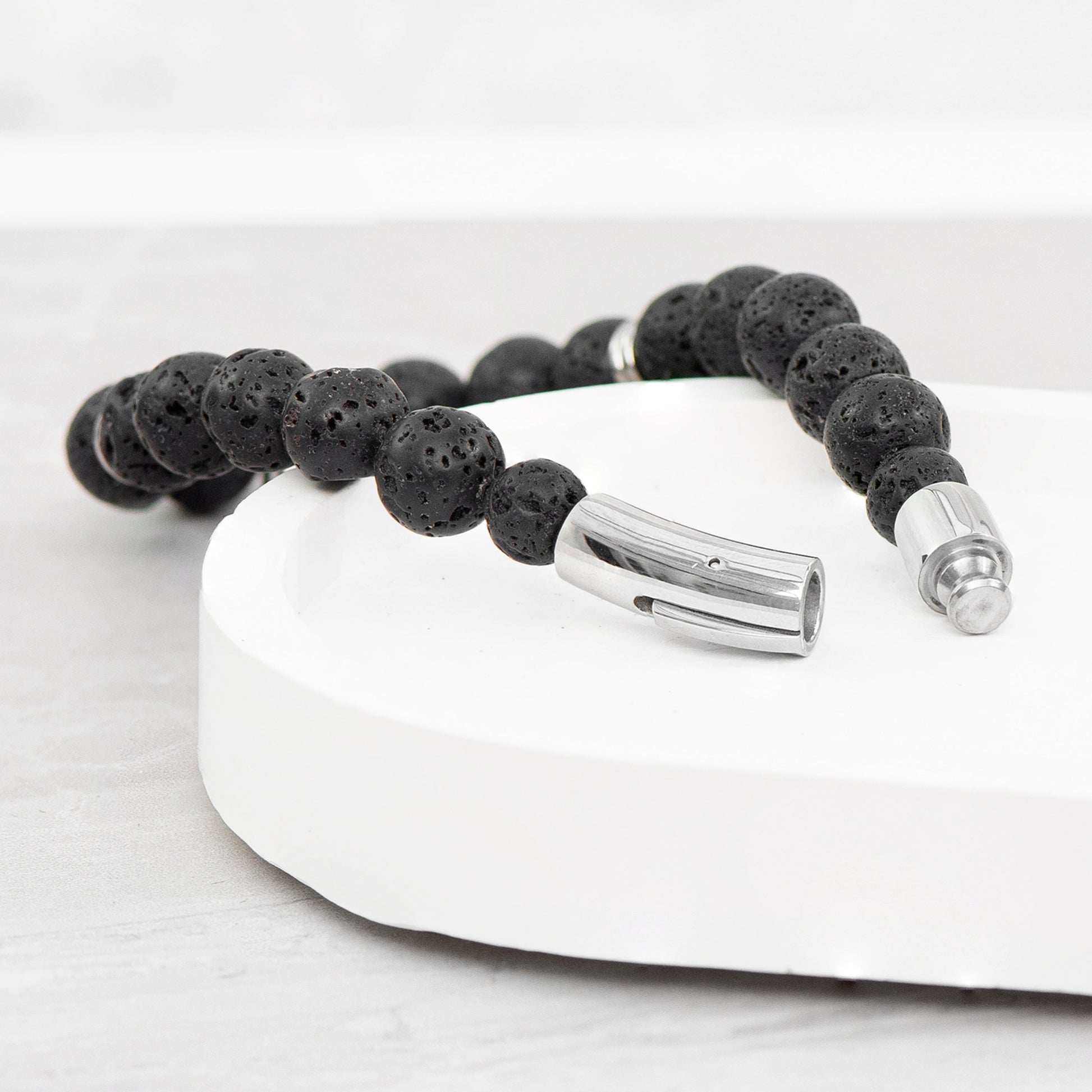 Personalised Men's Silver Lion Lava Stone Beaded Bracelet