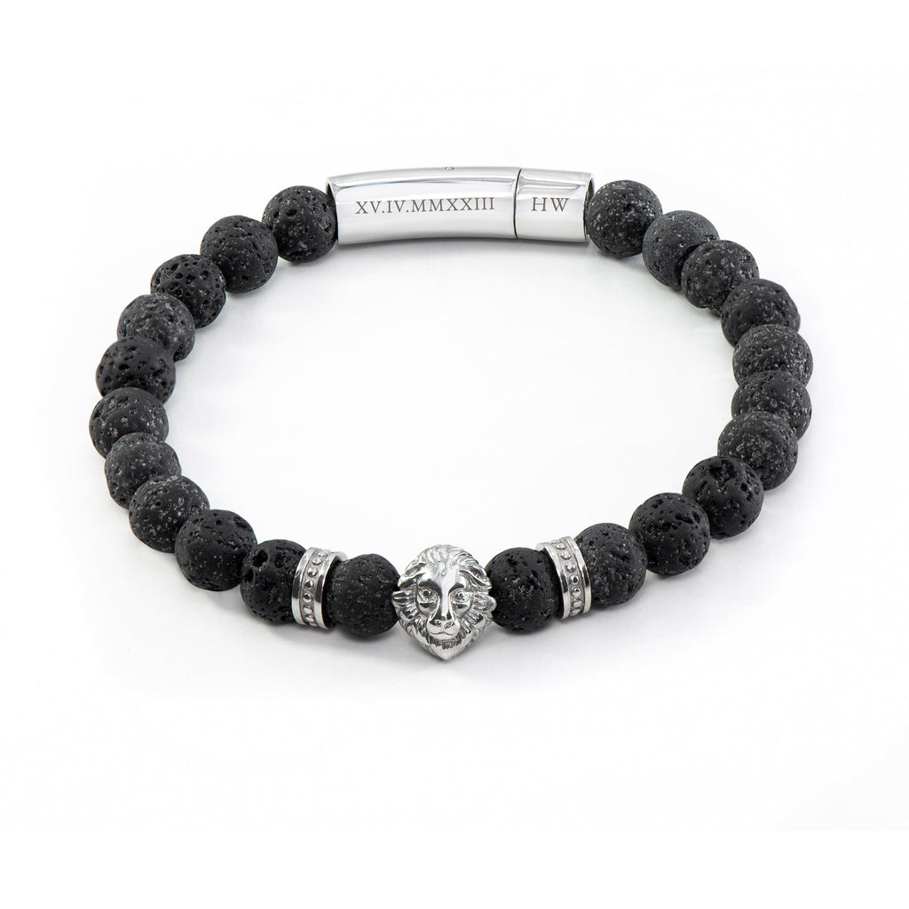 Personalised Men's Silver Lion Lava Stone Beaded Bracelet